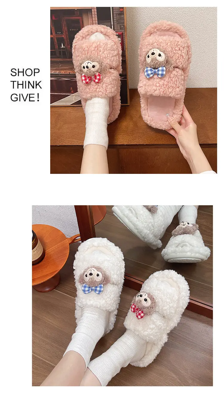 Autumn and winter cute cartoon plush warm home indoor cotton slippers women's one word non-slip fluffy slippers women's winter — feature 9