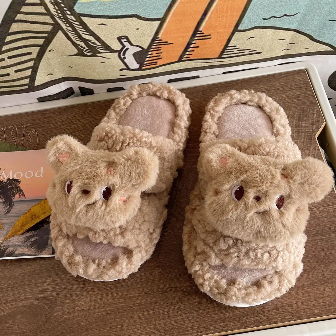 Autumn and winter cute cartoon plush warm home indoor cotton slippers women's one word non-slip fluffy slippers women's winter