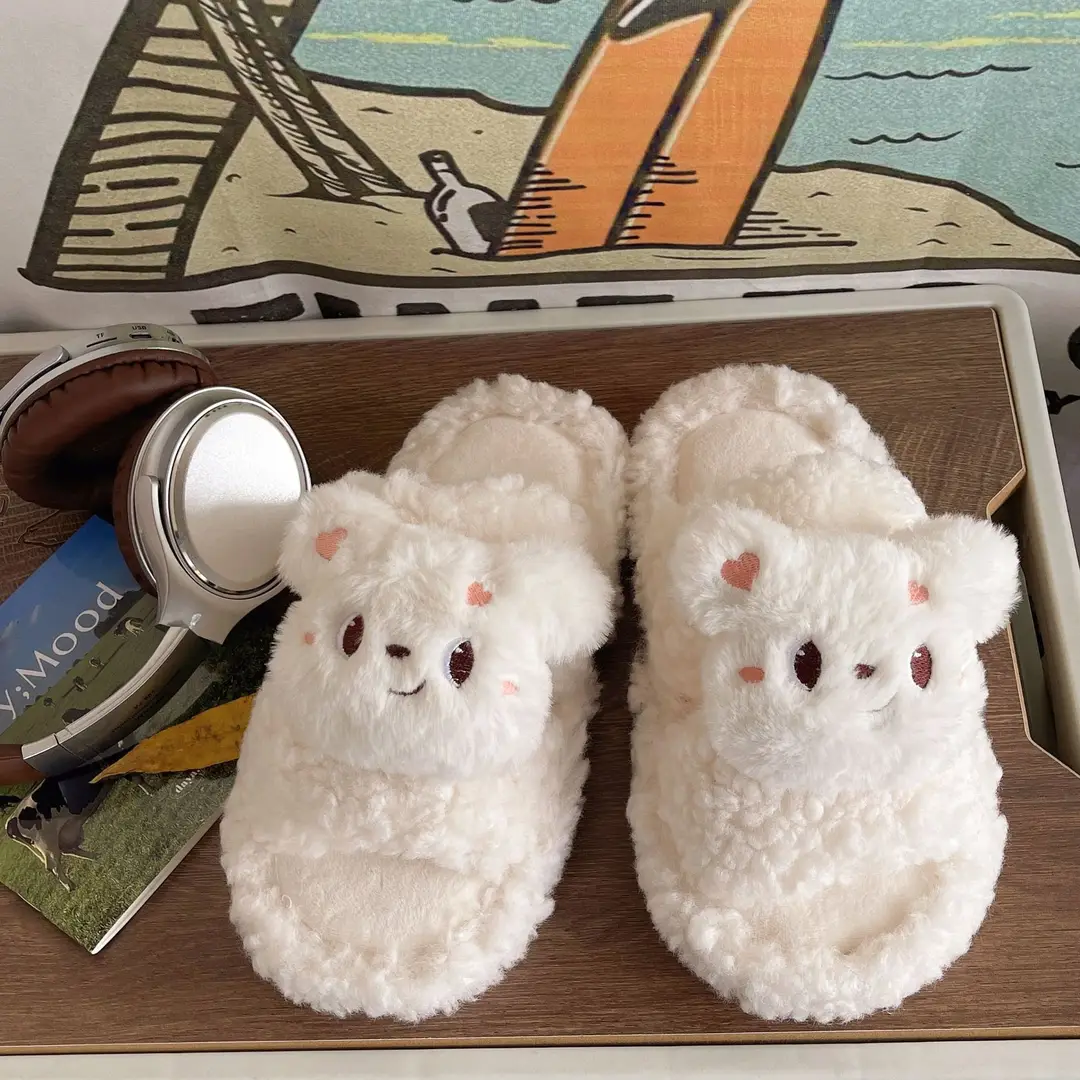 Autumn and winter cute cartoon plush warm home indoor cotton slippers women's one word non-slip fluffy slippers women's winter