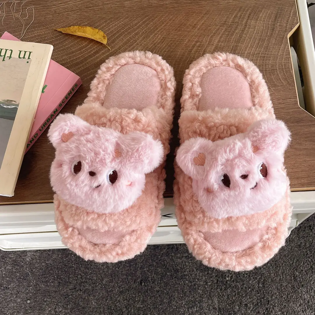 Autumn and winter cute cartoon plush warm home indoor cotton slippers women's one word non-slip fluffy slippers women's winter