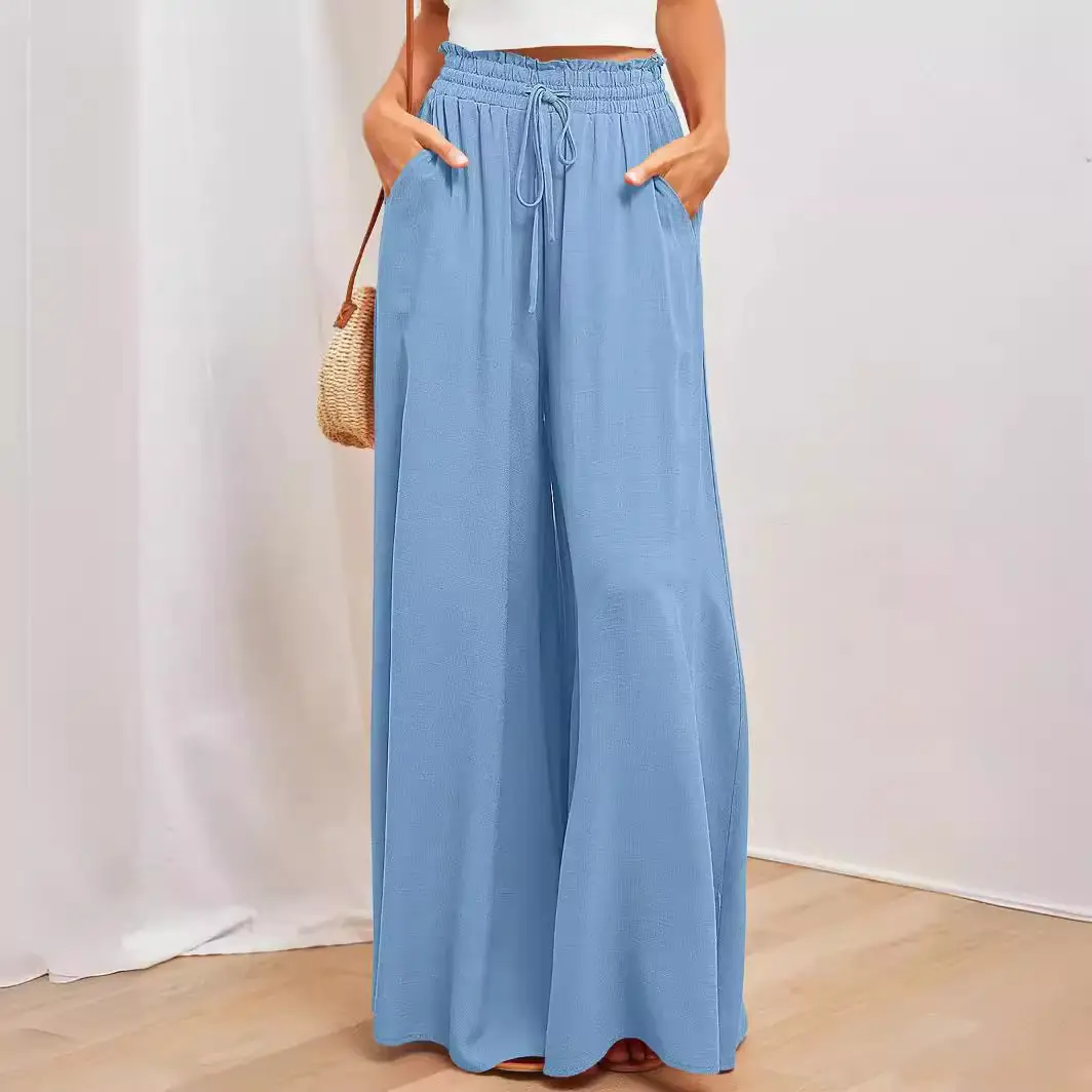 Wide Leg Pants for Women Green Elastic Waist Long Culotte - Image 11