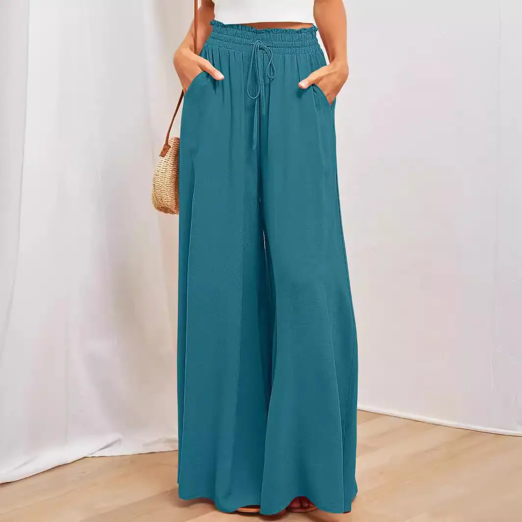 Wide Leg Pants for Women Green Elastic Waist Long Culotte - Image 12