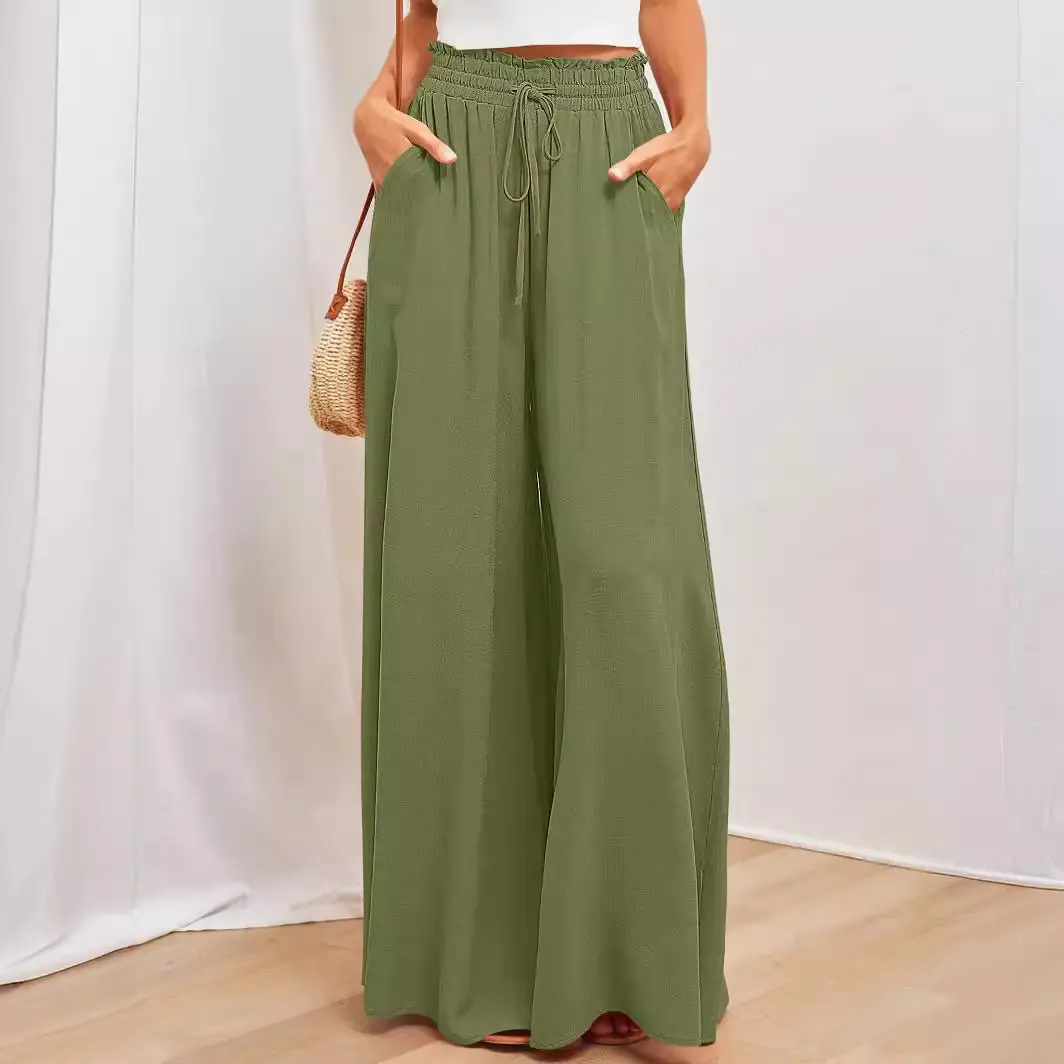 Wide Leg Pants for Women Green Elastic Waist Long Culotte - Image 13
