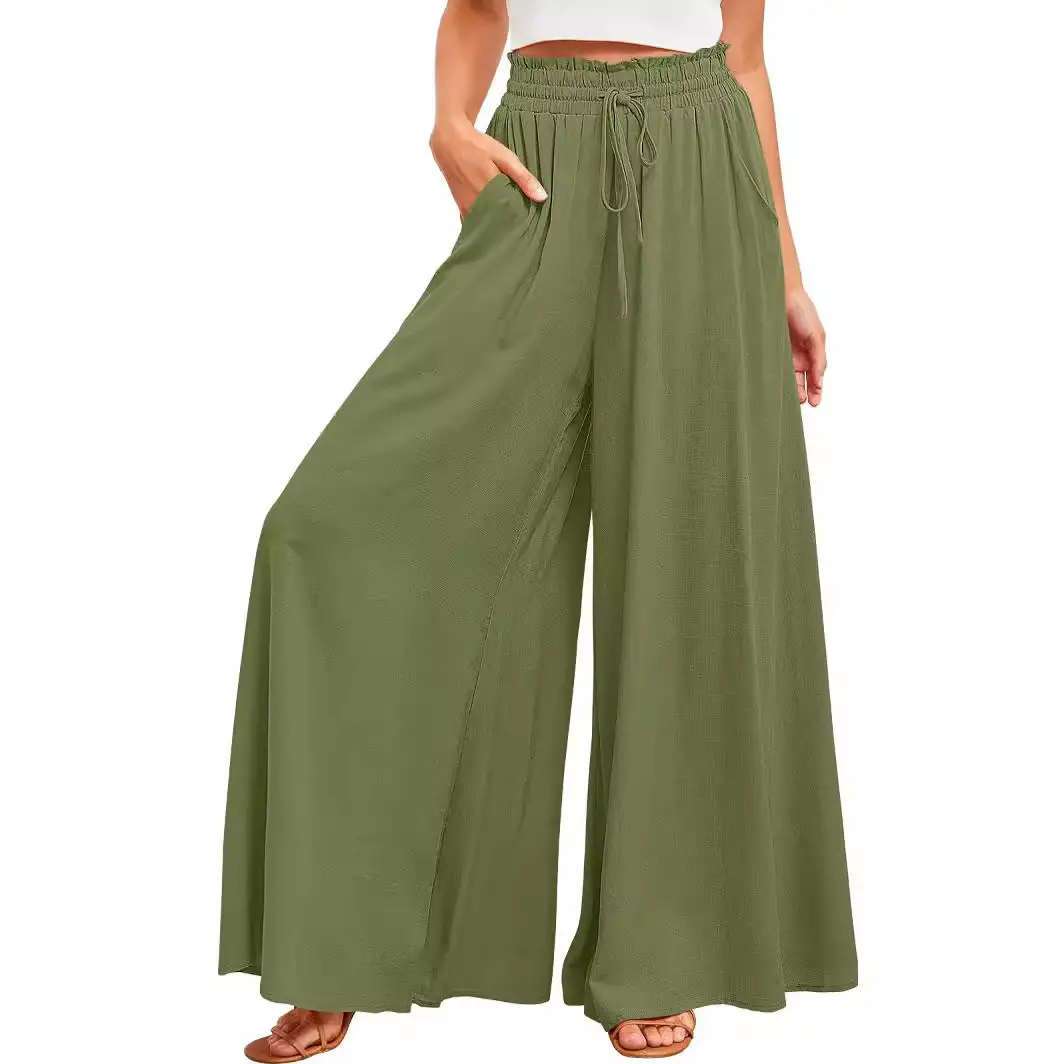 Wide Leg Pants for Women Green Elastic Waist Long Culotte - Image 14