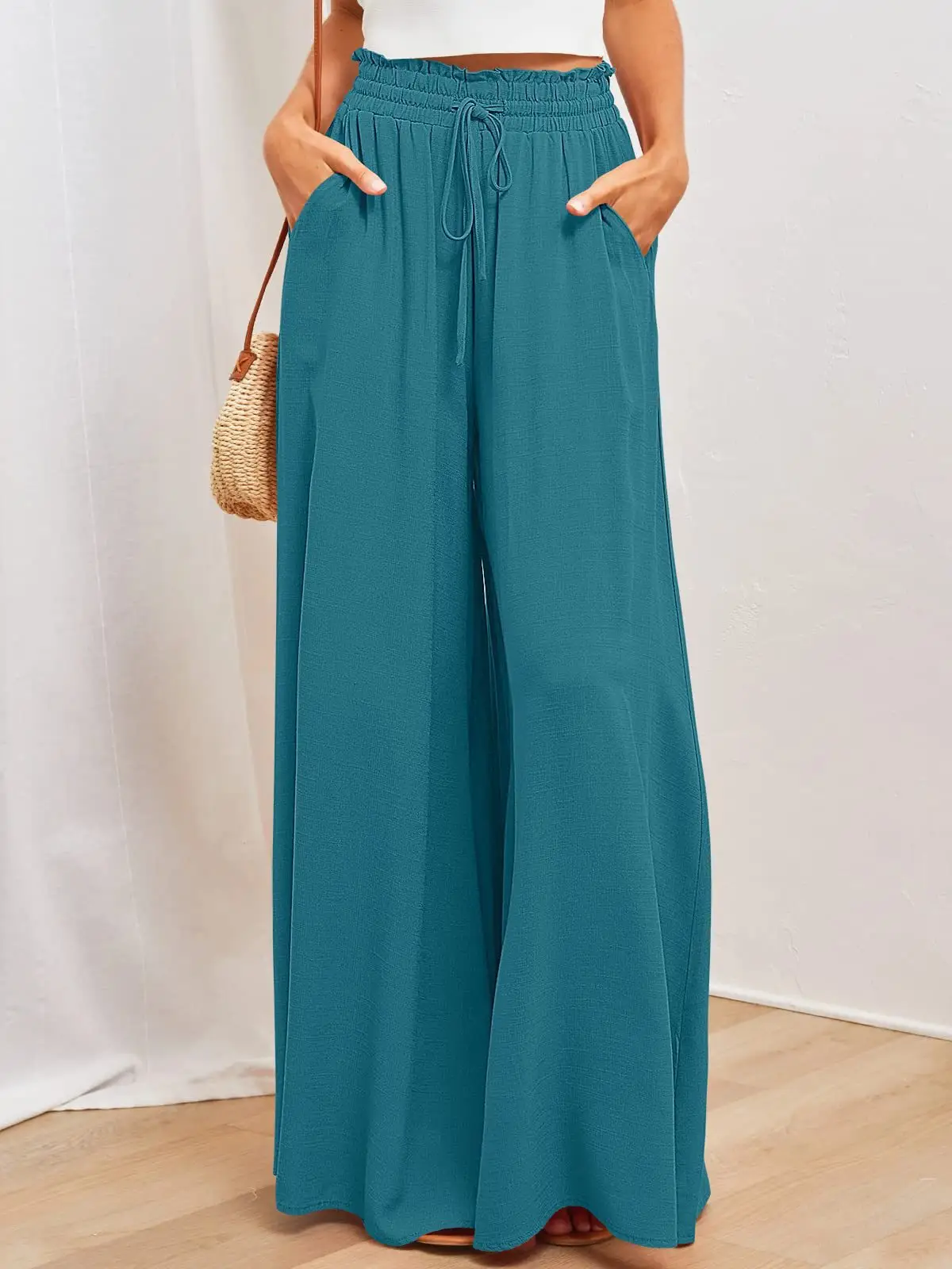 Wide Leg Pants for Women Green Elastic Waist Long Culotte — feature 20