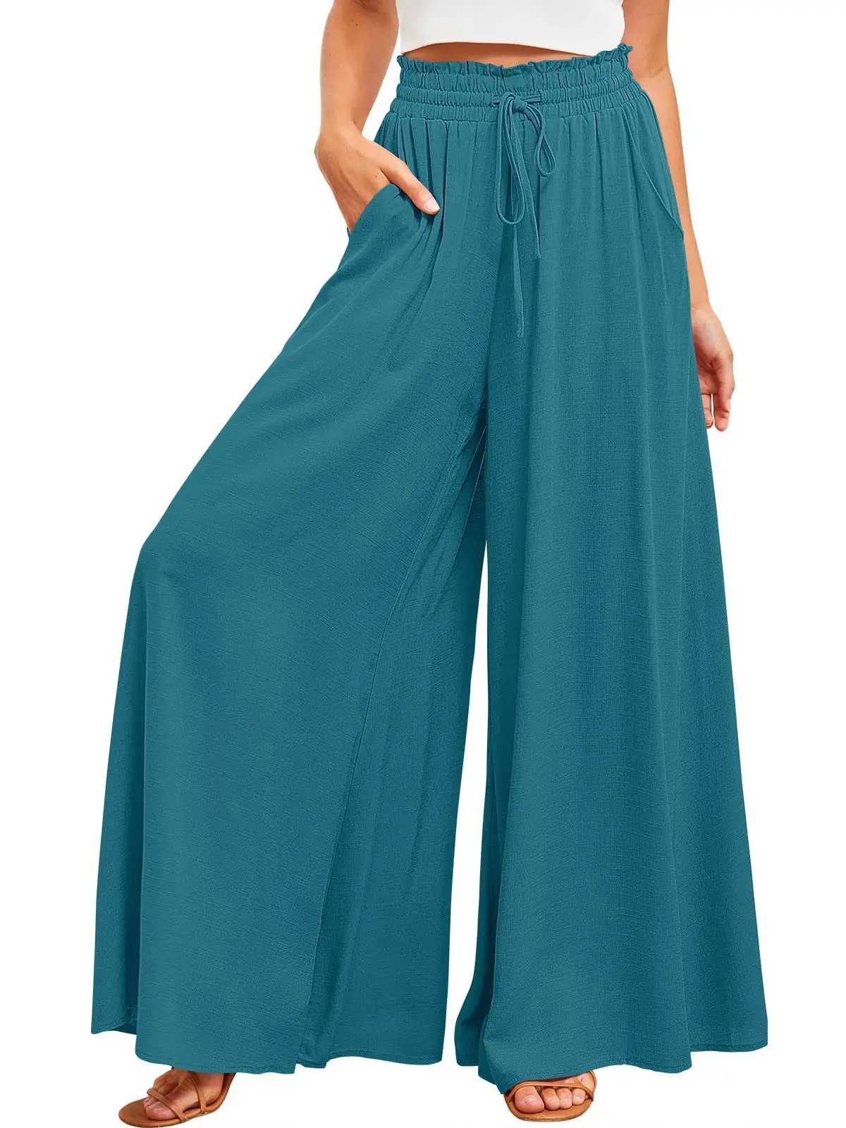 Wide Leg Pants for Women Green Elastic Waist Long Culotte — feature 22