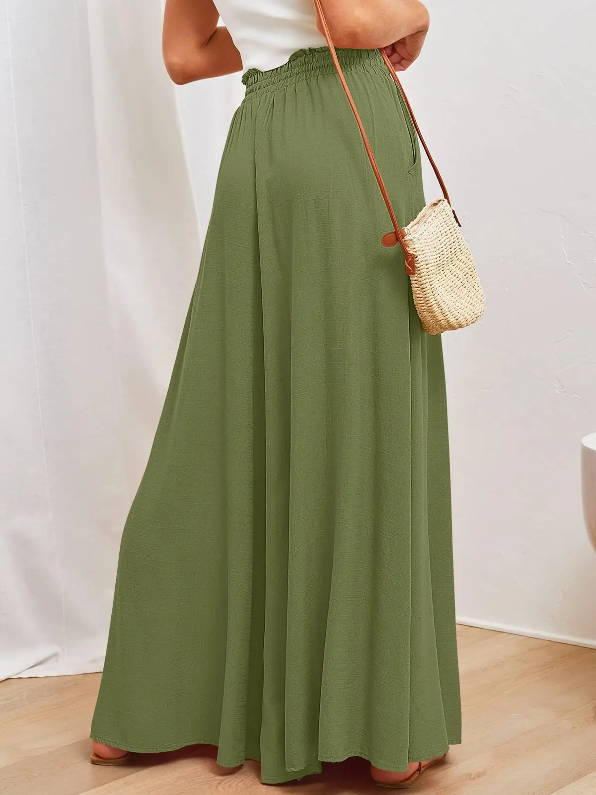 Wide Leg Pants for Women Green Elastic Waist Long Culotte — feature 28