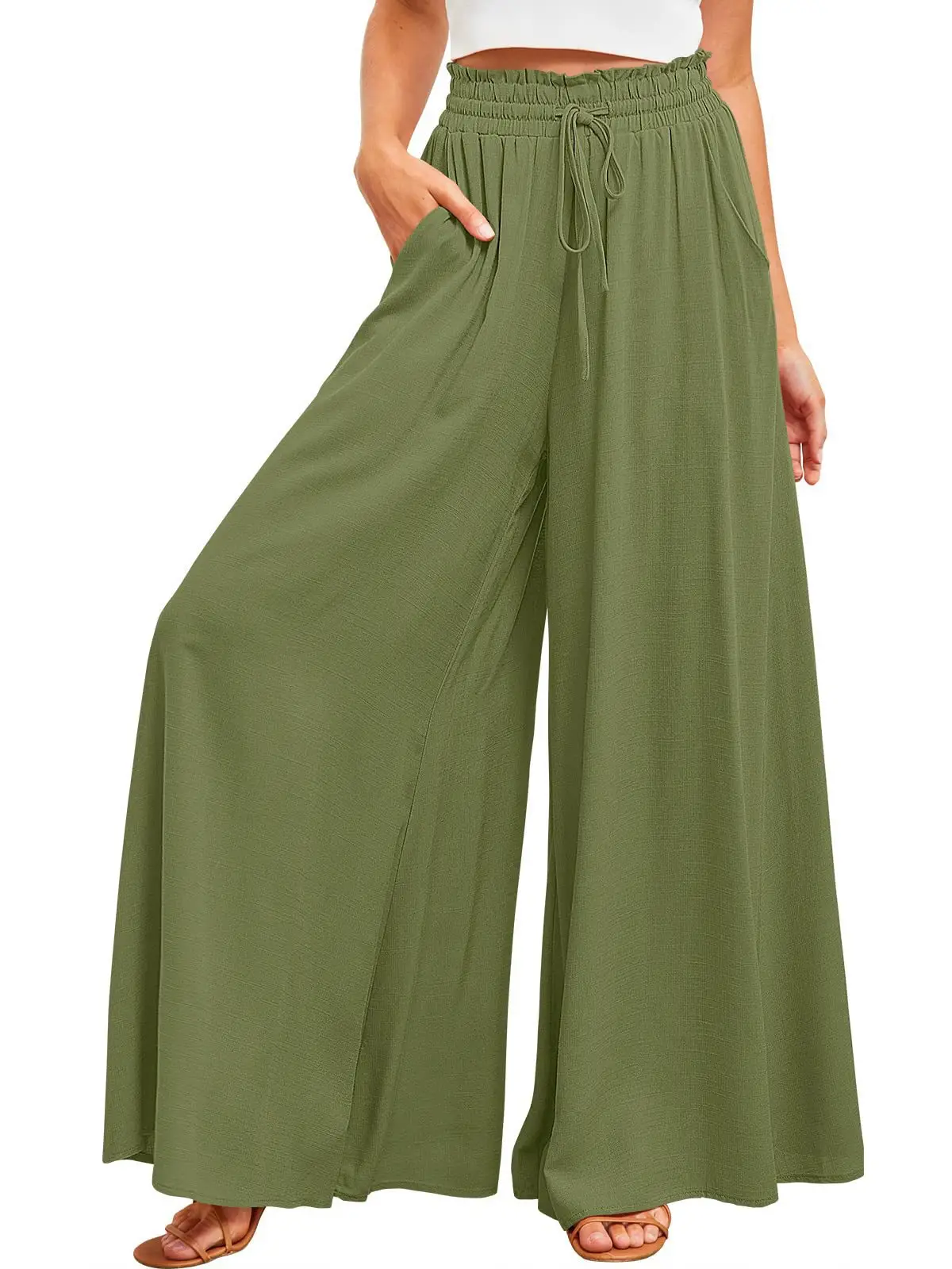 Wide Leg Pants for Women Green Elastic Waist Long Culotte — feature 29