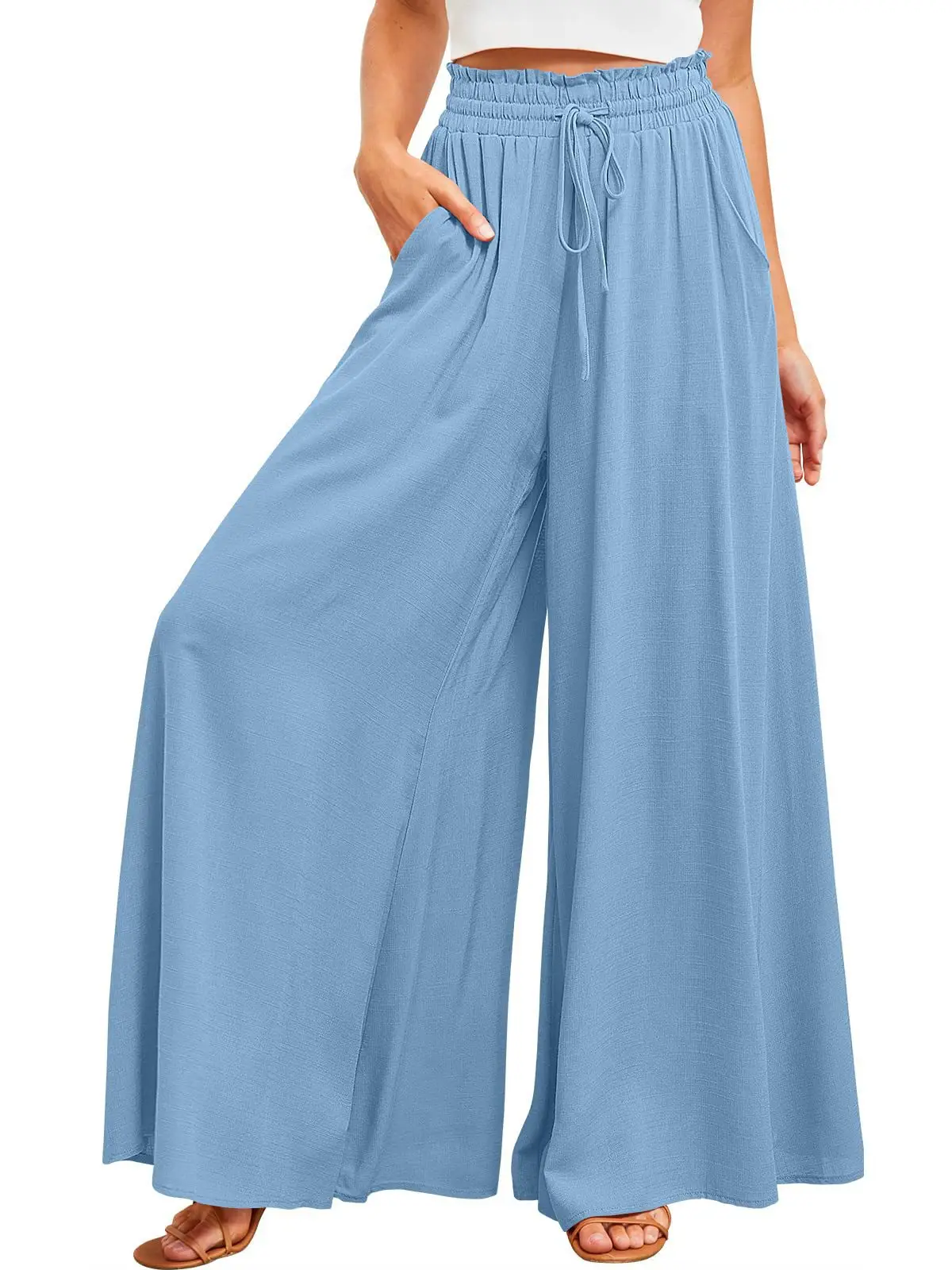 Wide Leg Pants for Women Green Elastic Waist Long Culotte — feature 30