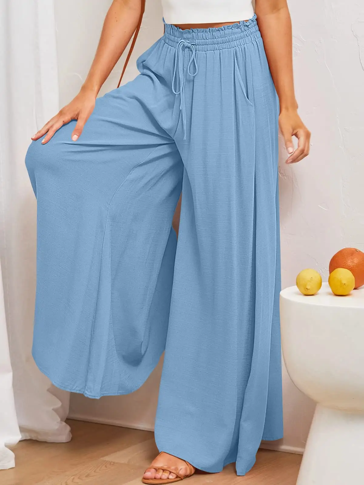 Wide Leg Pants for Women Green Elastic Waist Long Culotte — feature 32