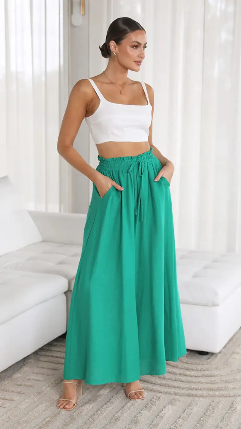 Wide Leg Pants for Women Green Elastic Waist Long Culotte — feature 37