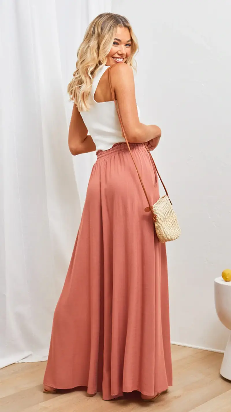 Wide Leg Pants for Women Green Elastic Waist Long Culotte — feature 40