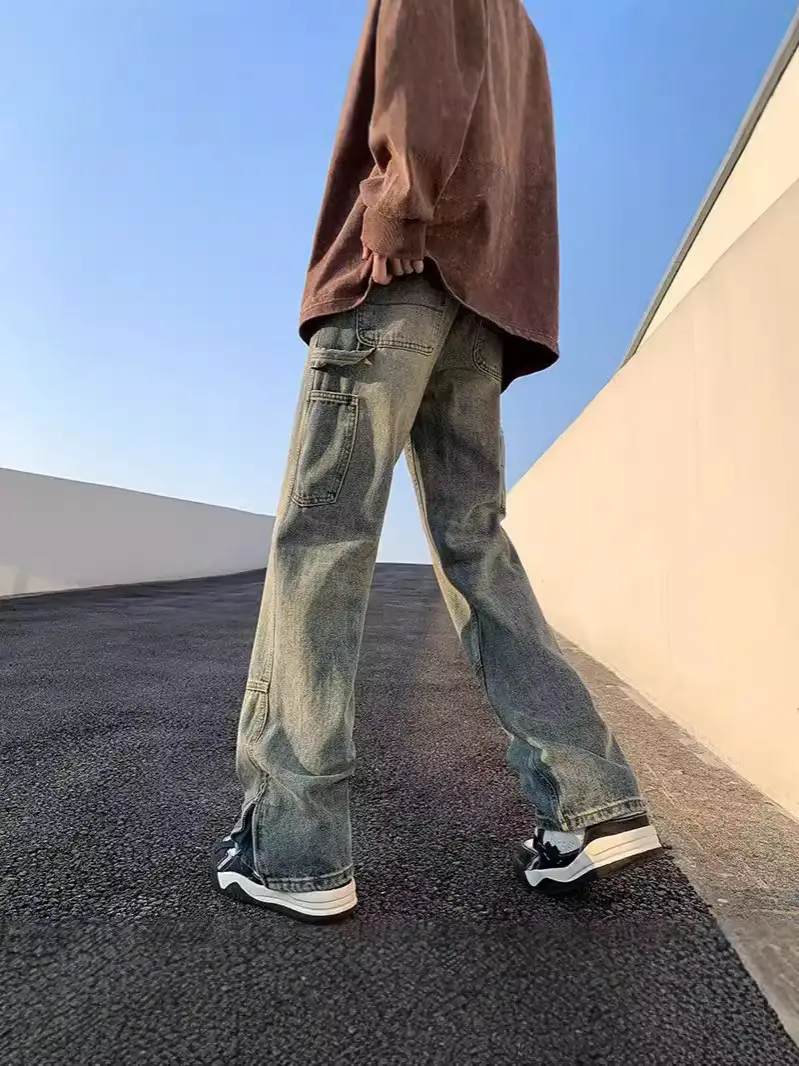 Men Vintage Washed Jeans High Street Hiphop Zipper Split Pants - Image 4