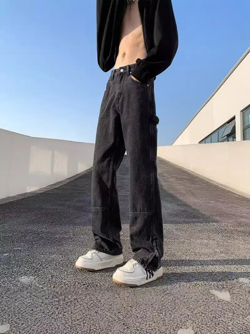 Men Vintage Washed Jeans High Street Hiphop Zipper Split Pants - Image 5