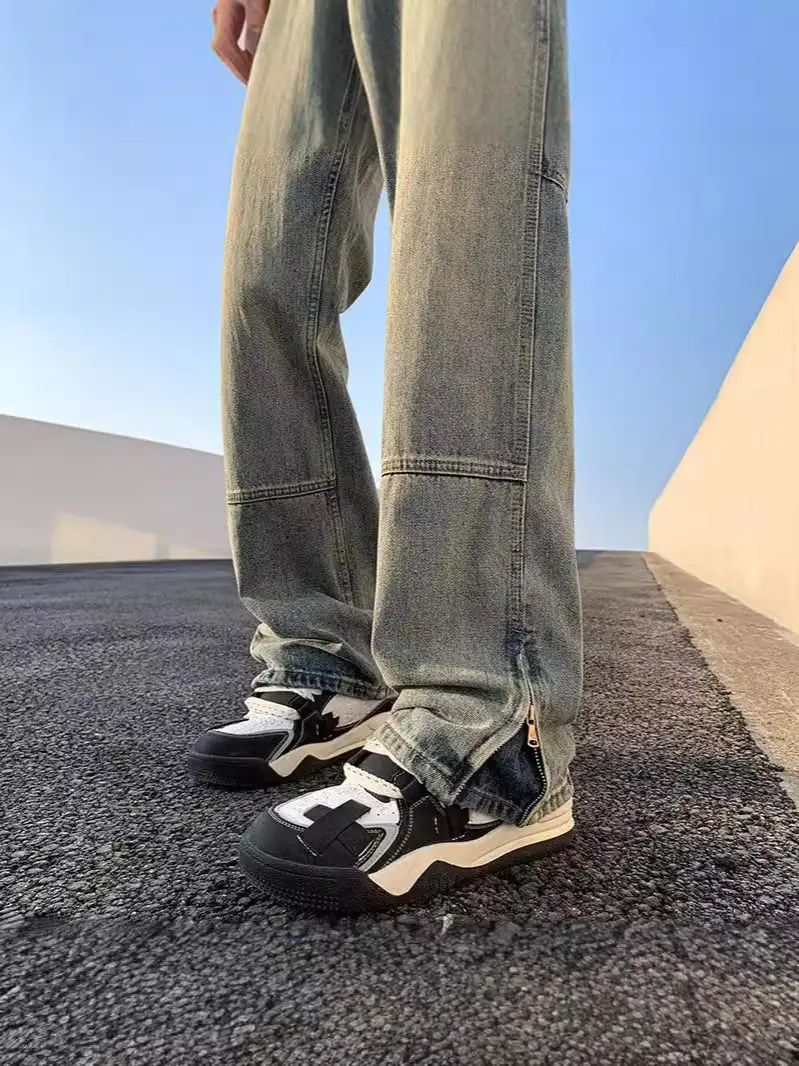 Men Vintage Washed Jeans High Street Hiphop Zipper Split Pants - Image 6