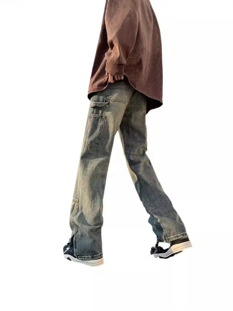Men Vintage Washed Jeans High Street Hiphop Zipper Split Pants - Image 7