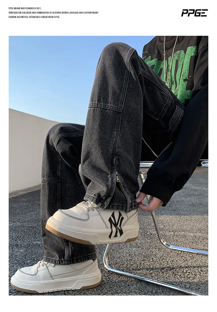 Men Vintage Washed Jeans High Street Hiphop Zipper Split Pants — feature 10