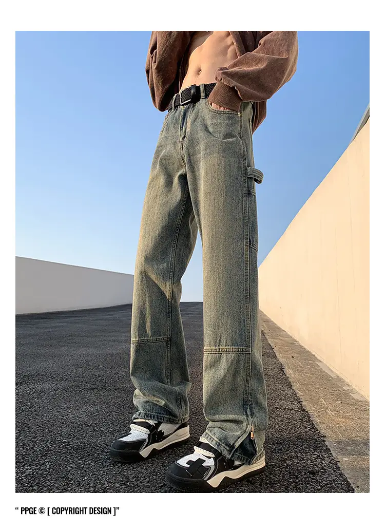Men Vintage Washed Jeans High Street Hiphop Zipper Split Pants — feature 11