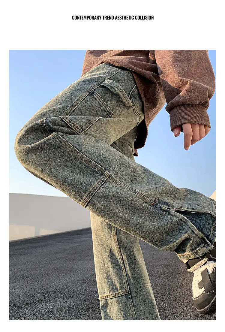 Men Vintage Washed Jeans High Street Hiphop Zipper Split Pants — feature 13