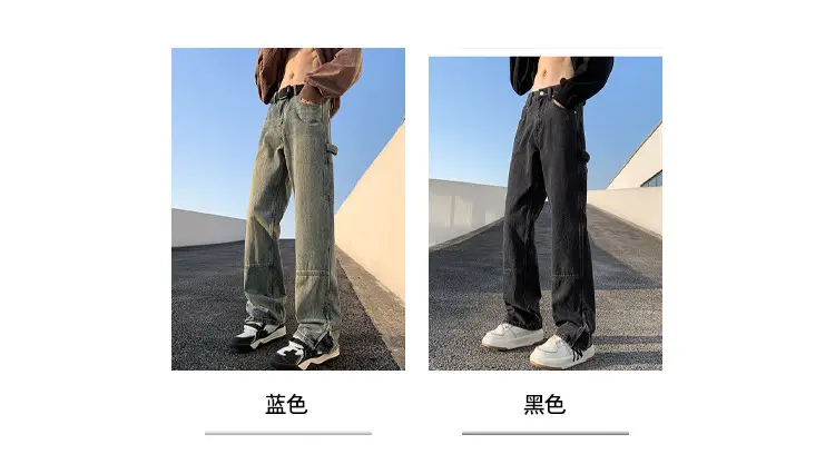 Men Vintage Washed Jeans High Street Hiphop Zipper Split Pants — feature 5
