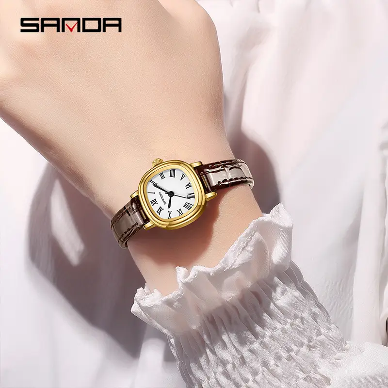 Sanda Women's Gold Roman Dial Square Watch Brown Leather Strap - Image 16