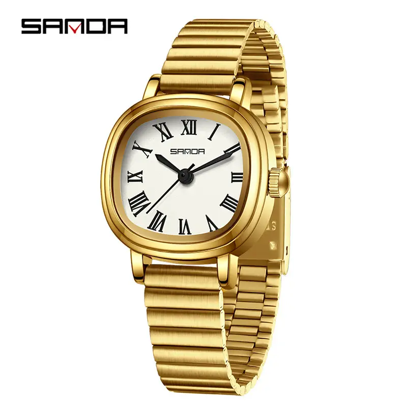 Sanda Women's Gold Roman Dial Square Watch Brown Leather Strap - Image 10