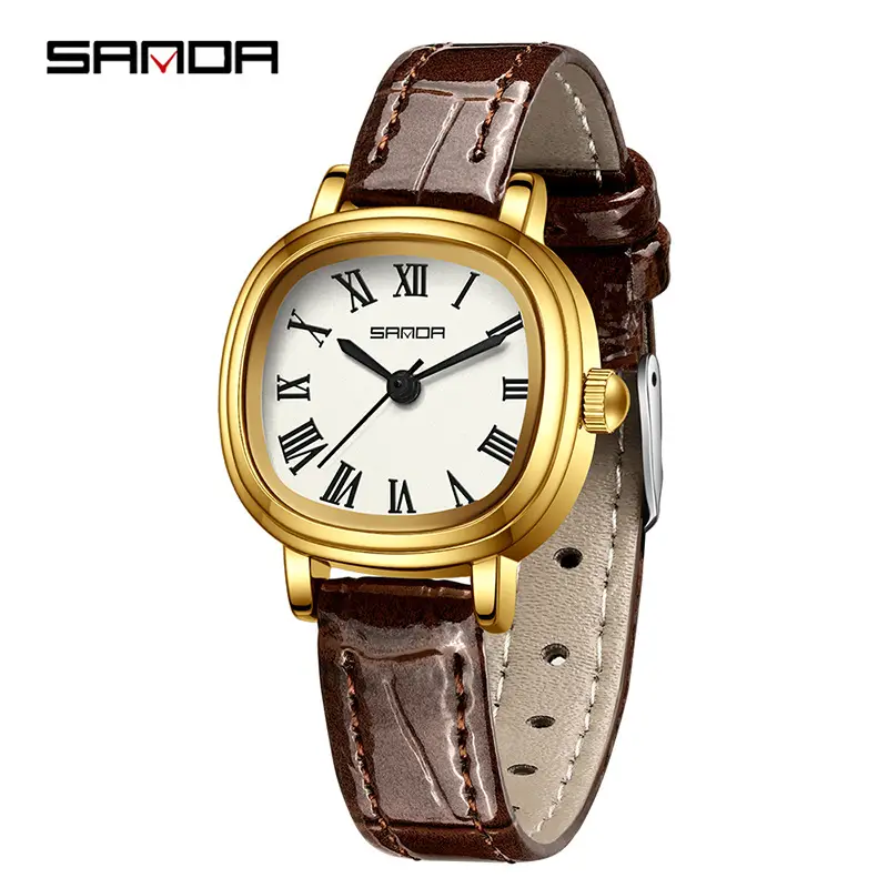 Sanda Women's Gold Roman Dial Square Watch Brown Leather Strap - Image 7
