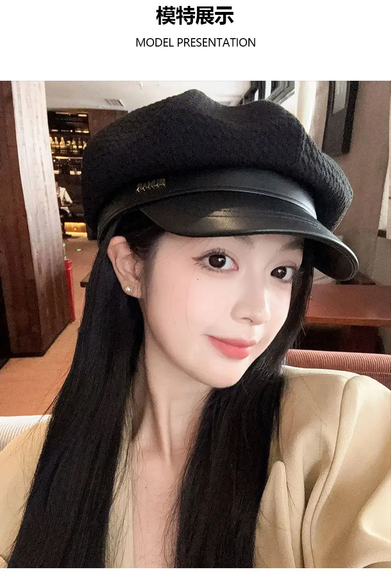 Women's Autumn Winter Hat with Leather Edge & Big Head — feature 11
