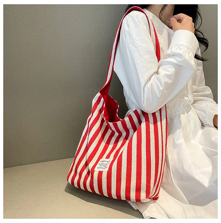 Striped Canvas Commuter Bag Large Capacity Dual Purpose