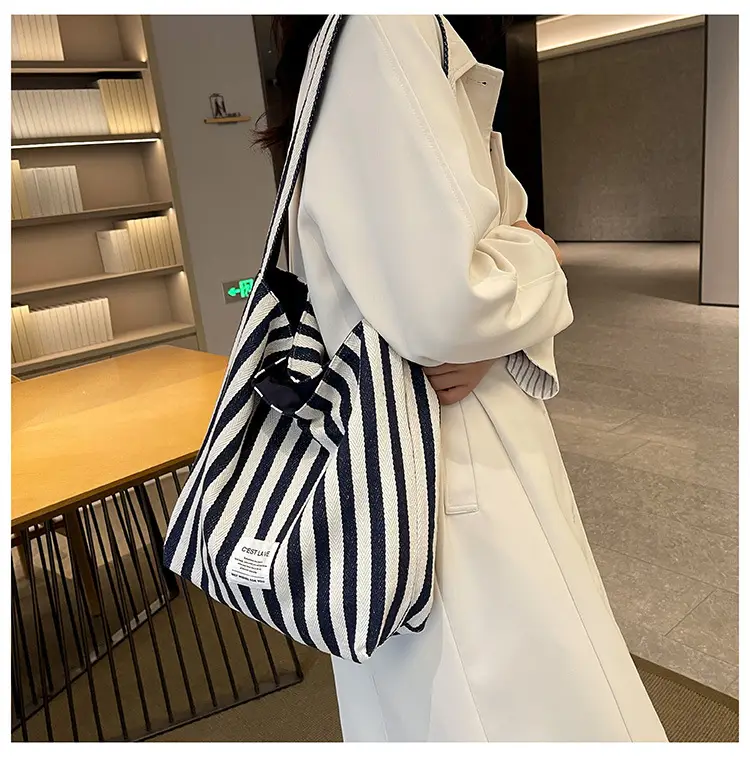 Striped Canvas Commuter Bag Large Capacity Dual Purpose