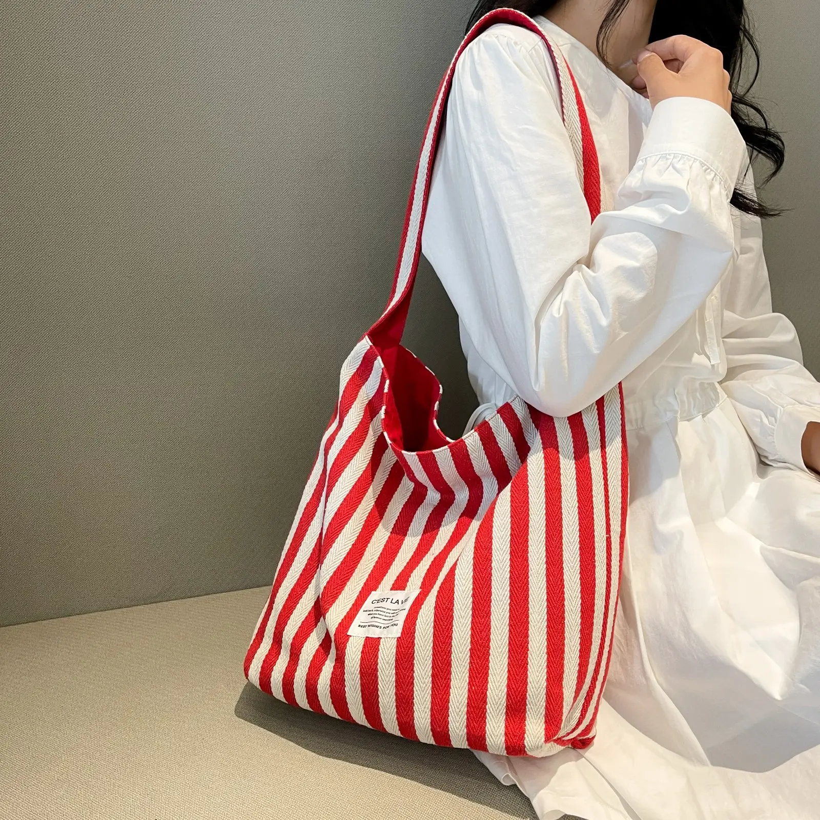 Striped Canvas Commuter Bag Large Capacity Dual Purpose — feature 14