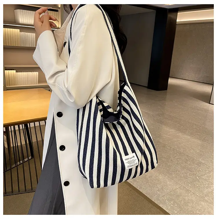 Striped Canvas Commuter Bag Large Capacity Dual Purpose — feature 7