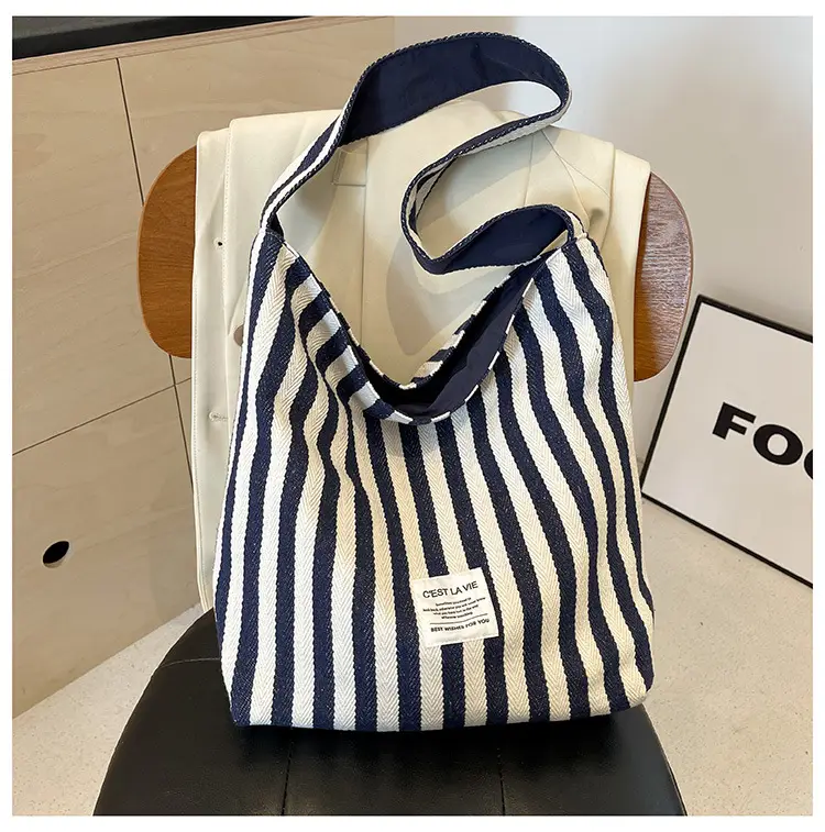 Striped Canvas Commuter Bag Large Capacity Dual Purpose