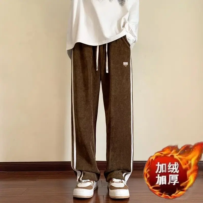 Men's Fleece Corduroy Pants Brown White Drawstring - Image 29