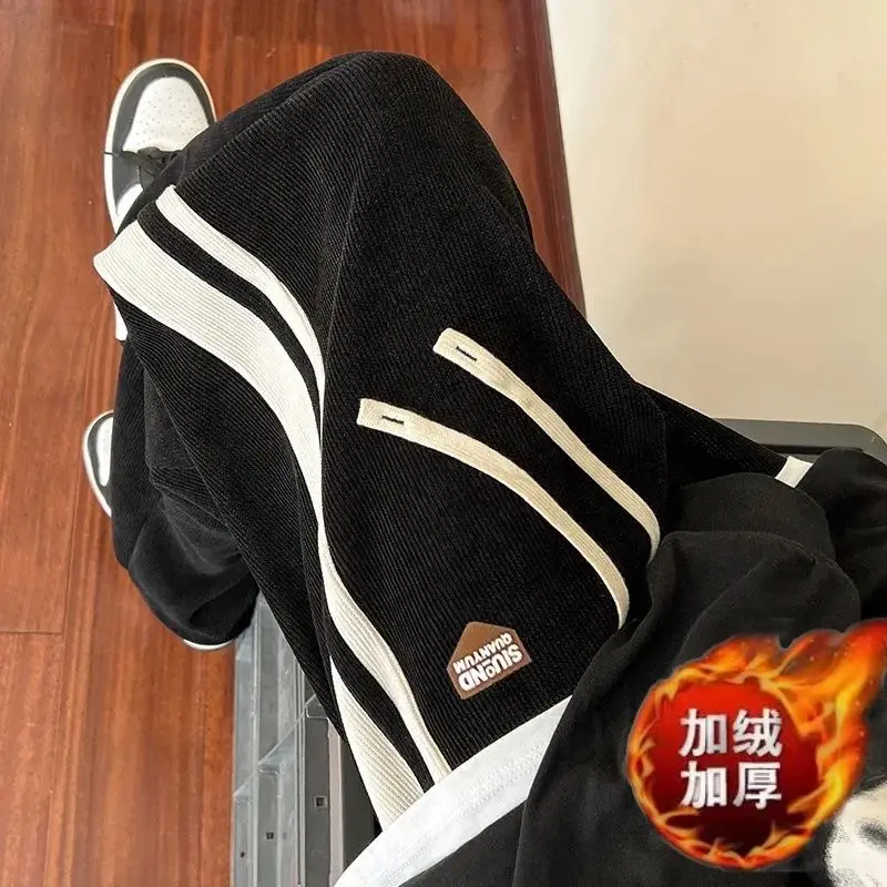 Men's Fleece Corduroy Pants Brown White Drawstring - Image 30