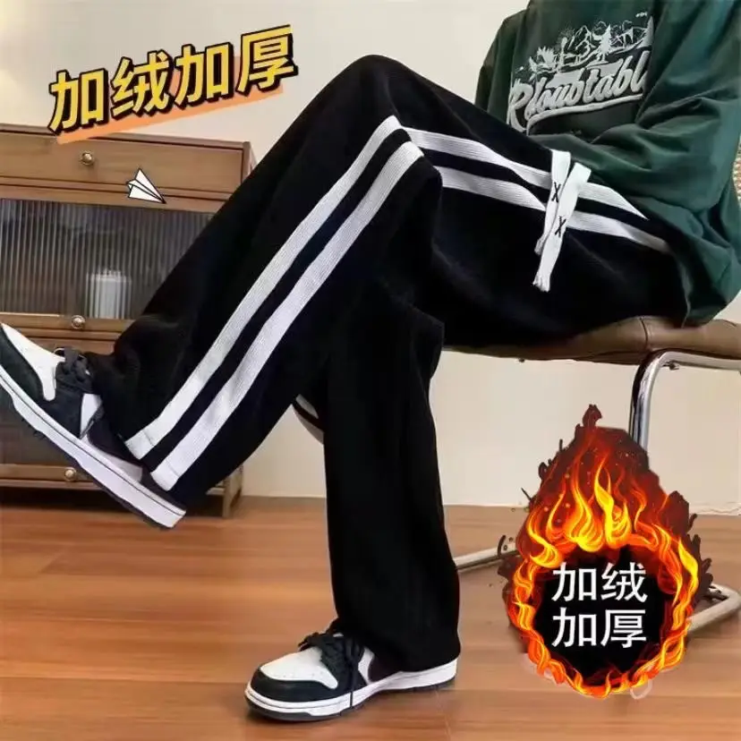 Men's Fleece Corduroy Pants Brown White Drawstring — feature 16