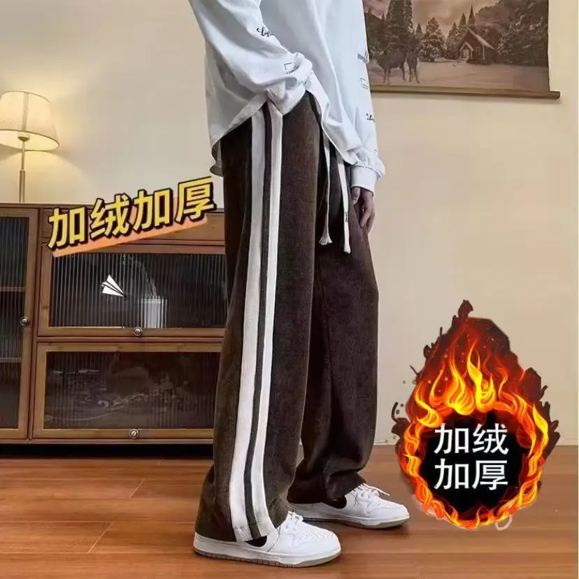 Men's Fleece Corduroy Pants Brown White Drawstring — feature 20