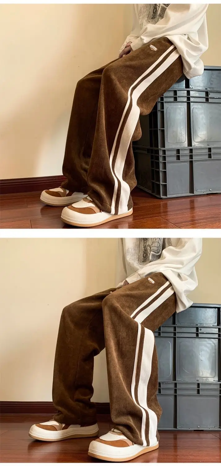 Men's Fleece Corduroy Pants Brown White Drawstring — feature 7
