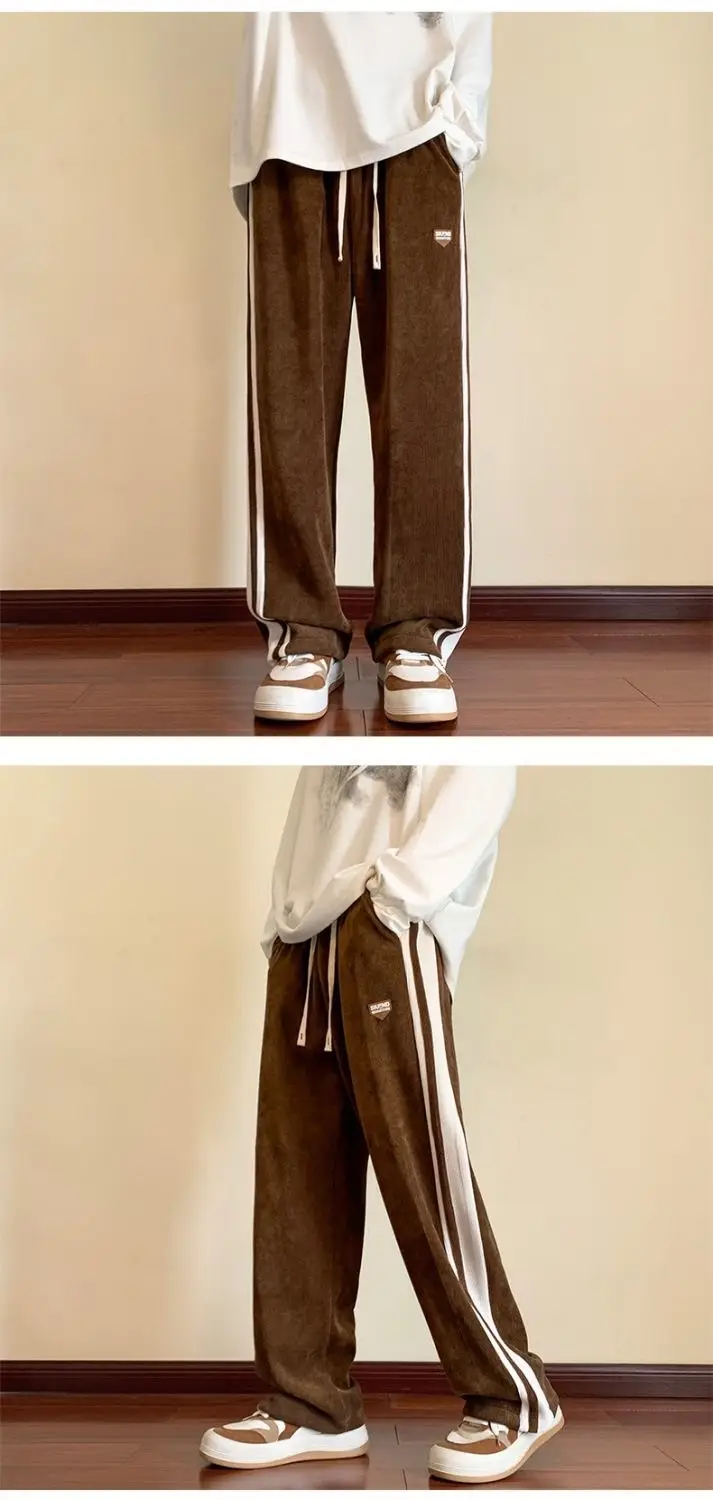 Men's Fleece Corduroy Pants Brown White Drawstring — feature 8