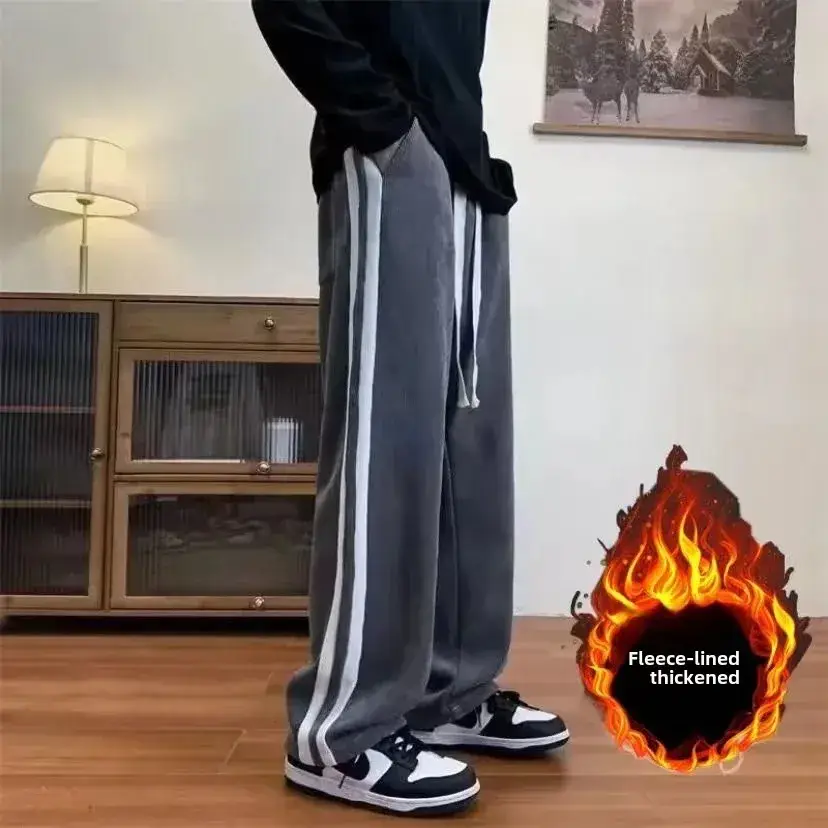 Men's Fleece Corduroy Pants Brown White Drawstring - Image 13