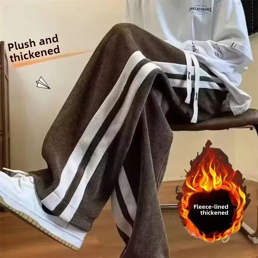 Men's Fleece Corduroy Pants Brown White Drawstring - Image 15