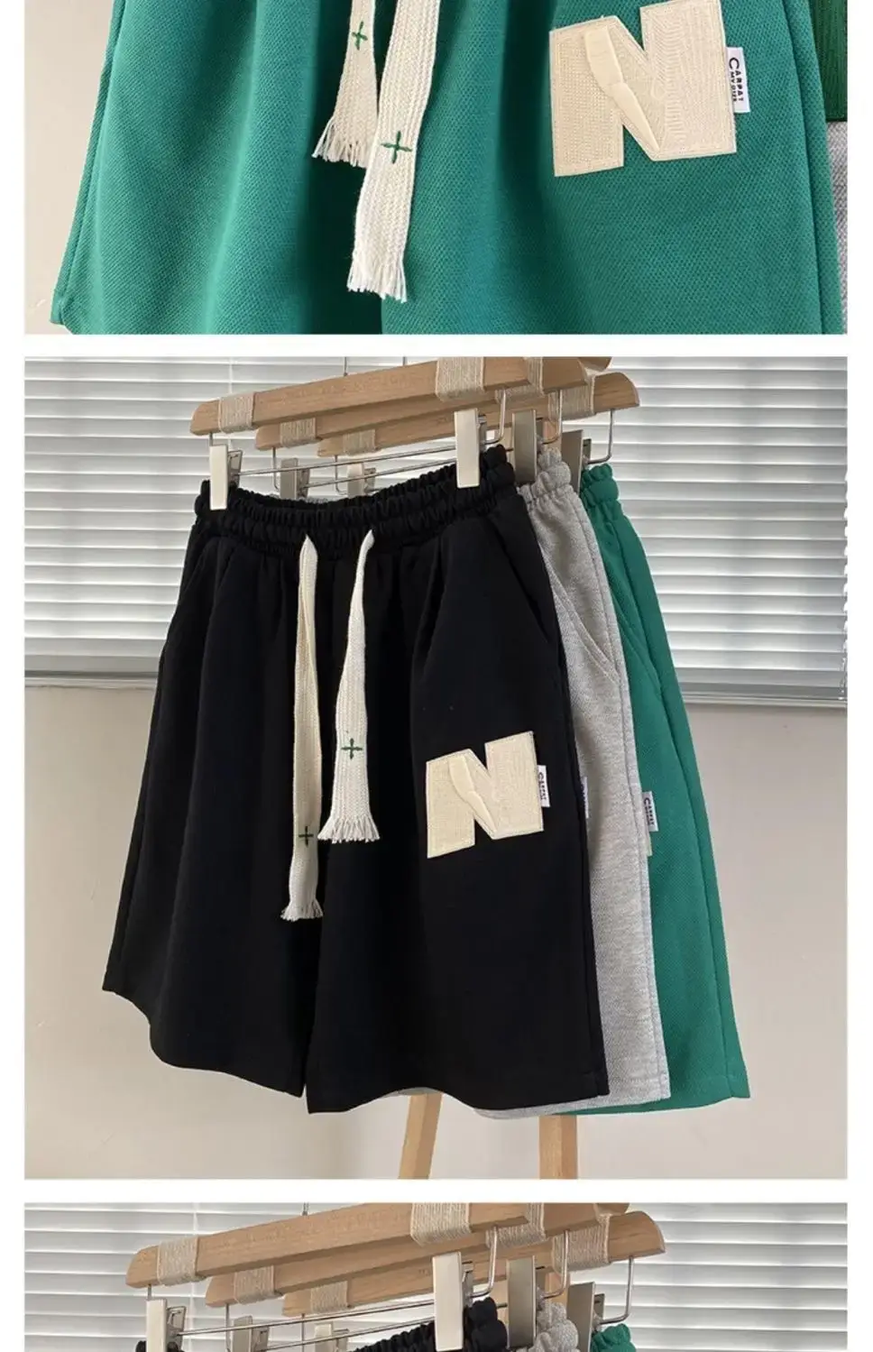 Men Green Heavy Waffle Casual Shorts Wide Leg Summer — feature 11