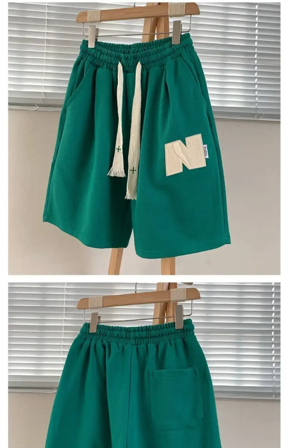 Men Green Heavy Waffle Casual Shorts Wide Leg Summer — feature 13