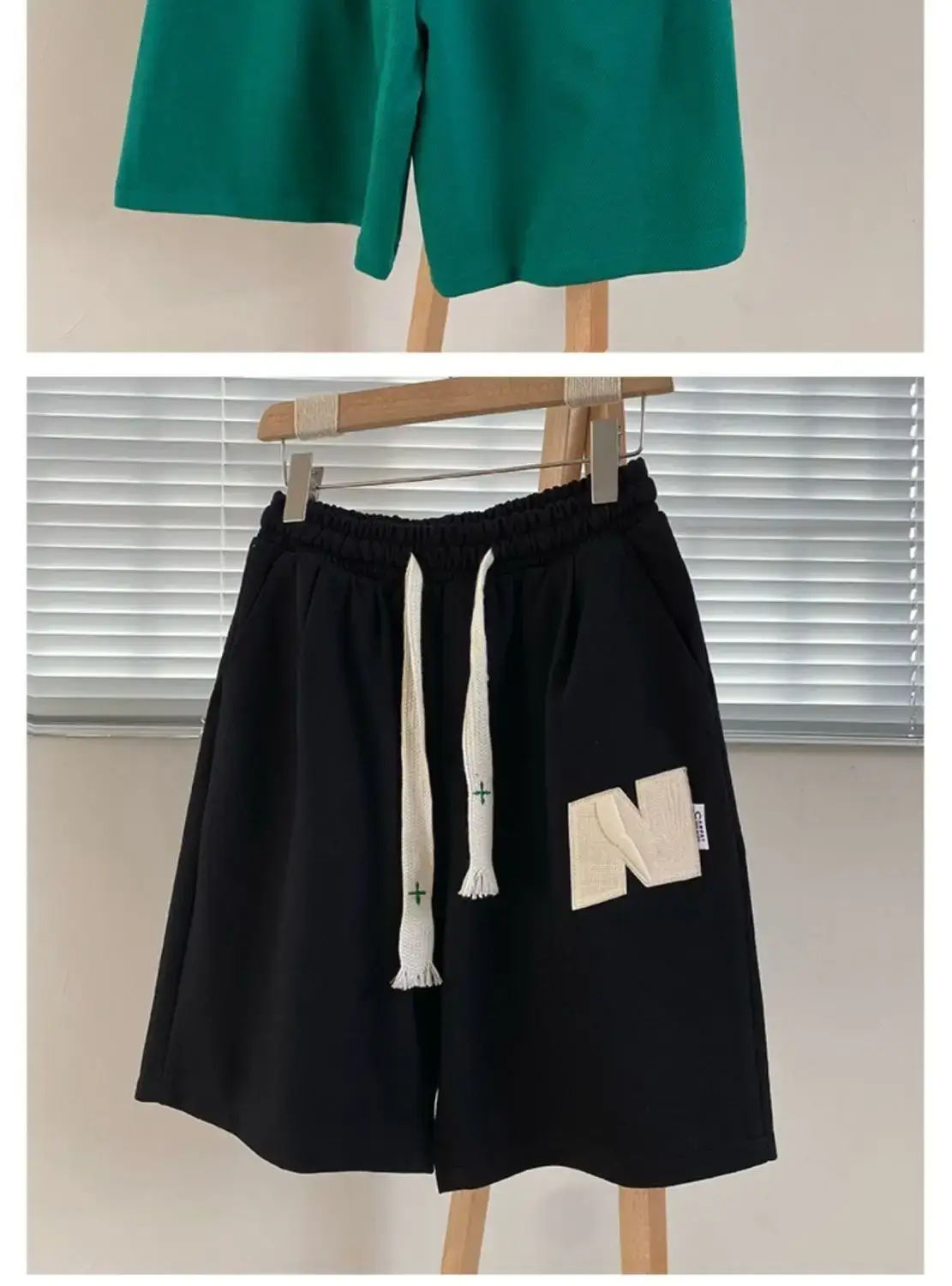 Men Green Heavy Waffle Casual Shorts Wide Leg Summer — feature 14