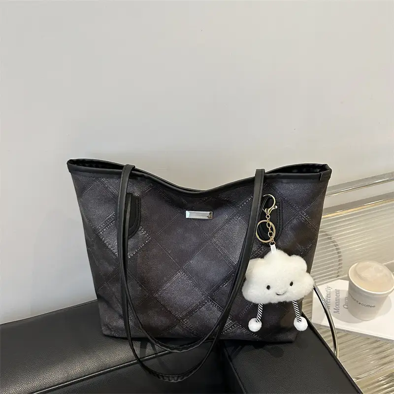 Women's Grey Quilted Shoulder Bag with Cute Charm - Image 8
