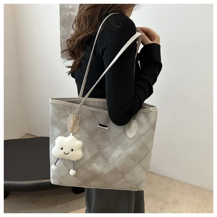 Women's Grey Quilted Shoulder Bag with Cute Charm — feature 10