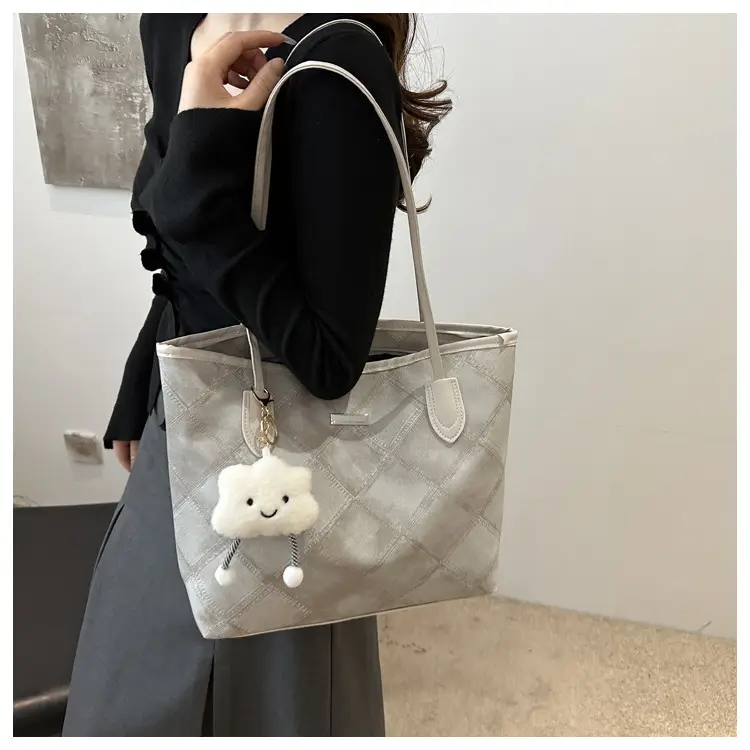 Women's Grey Quilted Shoulder Bag with Cute Charm — feature 11
