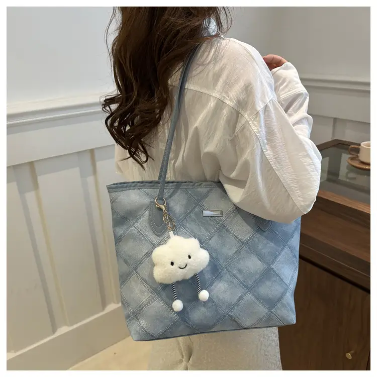 Women's Grey Quilted Shoulder Bag with Cute Charm — feature 12