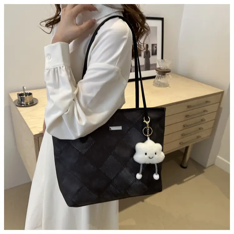 Women's Grey Quilted Shoulder Bag with Cute Charm — feature 15