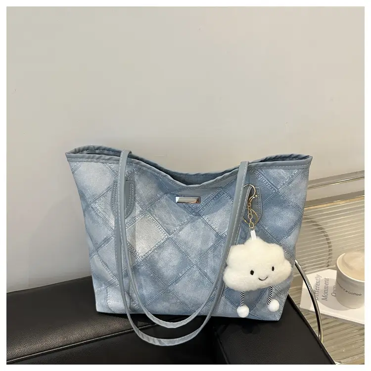 Women's Grey Quilted Shoulder Bag with Cute Charm — feature 16